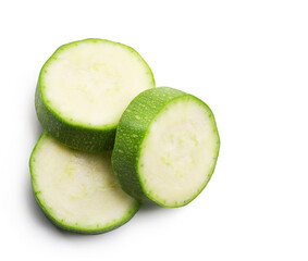 Ripe zucchini slices isolated on white background. Fresh vegetables.