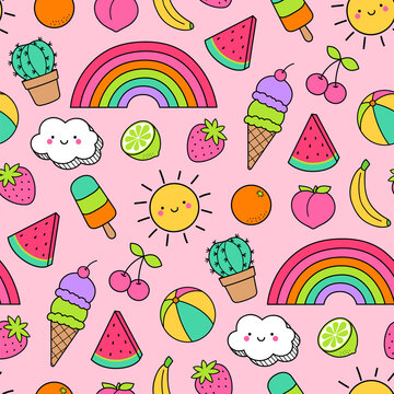 Colorful cute summer doodles seamless pattern background.