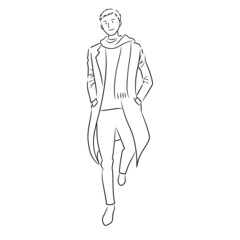 Illustration of a man walking down the street wearing a scarf (white background, vector, cut out ,line art)