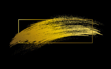 Gold brush strokes with line frame on black background vector illustration