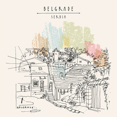 Belgrade, Serbia hand drawn postcard. Nice cozy old houses in Zemun. Hand drawing. Serbian travel sketch. Vintage touristic postcard, poster, calendar or book illustration