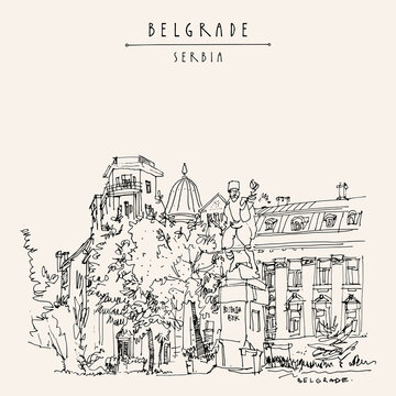 Belgrade, Serbia. Monument to Vojvoda Vuk (Vojin Popovic) at Toplicin Venac. Hand drawing in retro style. Travel sketch. Vintage touristic postcard, poster, calendar or book illustration