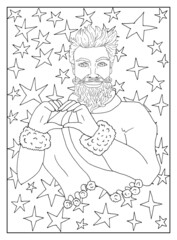 Handsome Santa Claus showing heart symbol against background with stars. Black and white line art.  Coloring page. Vector illustration with Christmas and New Year concept