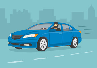 Driving a car. Isolated male car thief is looking through an open window. Character looks out a front window. Thief running away from police. Flat vector illustration template.