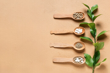 Spoons with powder, pills and green branch on color background