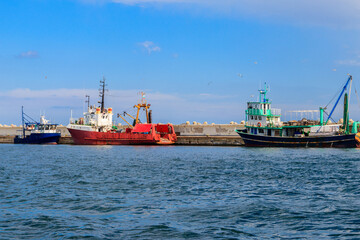 Fototapeta premium Fishing trawlers in port in Nessebar, Bulgaria