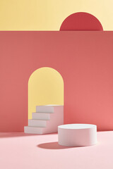 Arch and stairway in trendy minimal interior. Beige background for product presentation. 