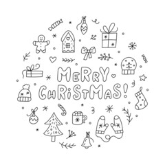 Merry Christmas round composition. Winter celebrate decoration. Doodle style. Vector illustration.