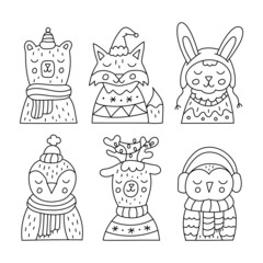 Christmas set of winter animals in cute clothes. Ideal for coloring books, stamps, invitations and others. Doodle style. Outline and red color. Vector illustration.