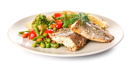 Plate with tasty baked cod fillet and vegetables on white background