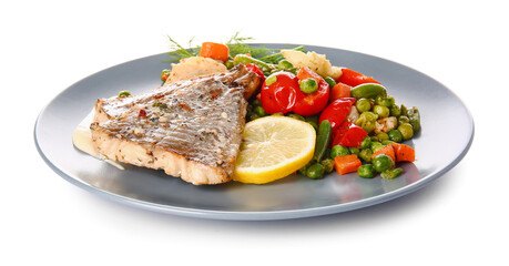 Plate with tasty baked cod fillet and vegetables on white background