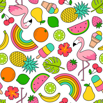 Cute tropical summer elements seamless pattern on white background.