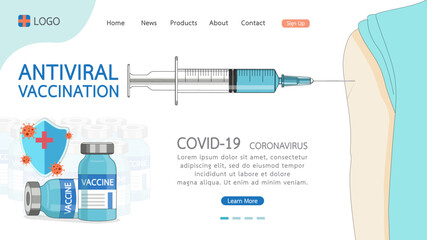 Coronavirus vaccine disease COVID-19. Syringe and vaccine vial injection tool for immunization treatment. Medicine vaccination antiviral for all. Vector illustration for wed page template.