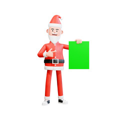 3d illustration of santa claus holding green paper with his left hand, and pointing with his right hand