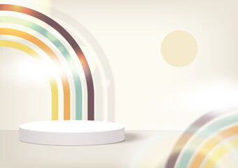 Abstract mockup background. 3d stage podium decorated with arch rainbow shape, sun, cloud, sunlight. Pedestal for products. Retro style. Vector illustration.