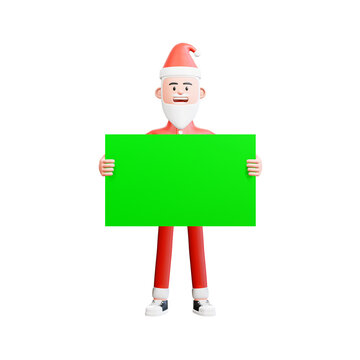 3d illustration of santa claus holding a green banner with both hands in front of his body