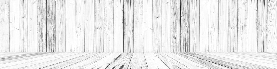 Panorama of white wooden wall and floor backgrounds, use for display products.