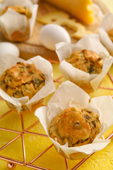 Grid with tasty spinach muffins on color background