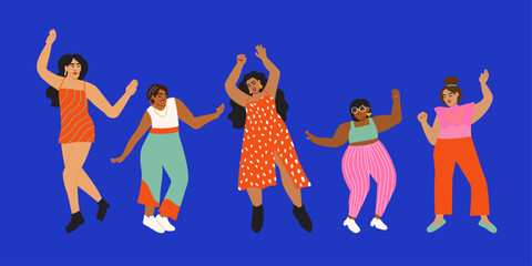 Illustration set of joyful diverse woman dancing