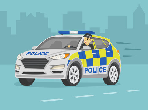 Driving a car. Isolated male traffic police officer is yelling through an open window. Character looks out a front window. Police pursuing a criminal. Flat vector illustration template.