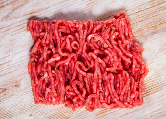 Raw ground meat of pork and beef ready for cooking on wooden surface..