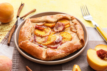 Plate with tasty peach galette and cinnamon on color background, closeup