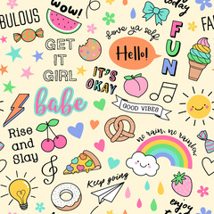 Cute girl's elements and inspiration quotes seamless pattern background.
