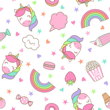 Cute pastel unicorn and dessert seamless pattern background.