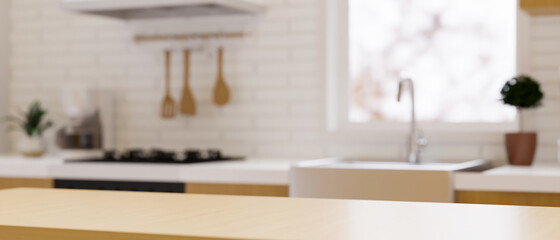 Wooden dining table top for montage over blurred modern contemporary kitchen space