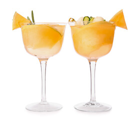 Glasses with delicious melon cocktail isolated on white background