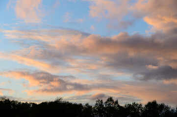 Fluffy ethereal pastel clouds lighted by the fading sun, as a nature background
