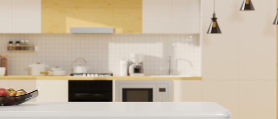 White countertop for product display montage over blurred modern bright home kitchen interior in background