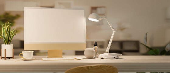 Minimalist modern home working space with pc computer in white screen mockup under table lamp