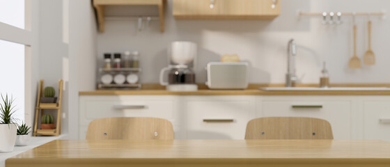 Wooden dining table with space for montage on minimalist Japanese kitchen interior style background