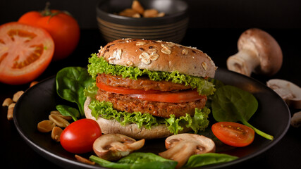 Plant based burger with vegan cutlet and organic ingredients. Healthy food