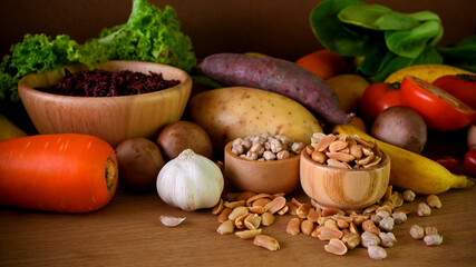 Obraz na płótnie Canvas Healthy vegetable, vegan ingredients, fruits, vegetables, seeds, yams.