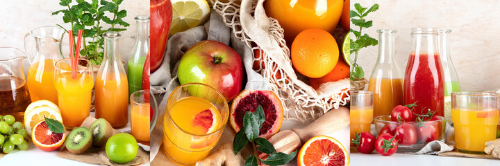 Collage food of Fresh and healthy home made juices, fruits and vegetables on light wooden background.