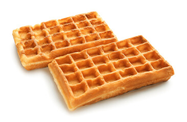 Tasty Belgian waffles on white background