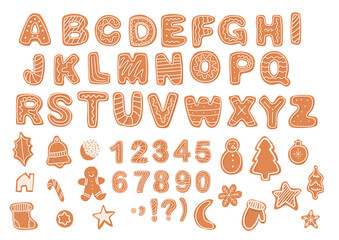 Christmas gingerbread cookies,font alphabet,numbers and sign.New Year winter food.