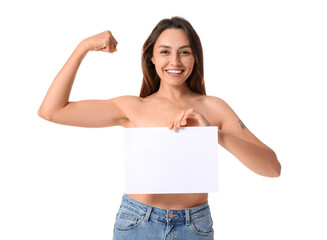 Naked young woman with empty paper sheet on white background