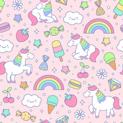 Cute pastel unicorn and dessert seamless pattern on pink background. © NTRdesign