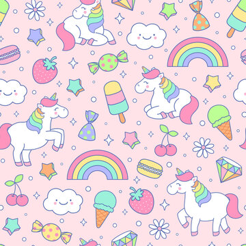 Cute pastel unicorn and dessert seamless pattern on pink background.
