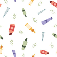 Seamless pattern with beauty products. Facial natural organic cosmetic. Hand drawn icons. Vector illustration in flat cartoon style.