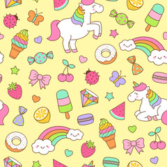 Cute unicorn, rainbow and dessert seamless pattern background.