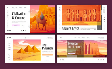 Ancient Egypt architecture, culture and history banners with pyramids and temples in sand desert. Vector set of landing pages with cartoon Egyptian landmarks and buildings - obrazy, fototapety, plakaty