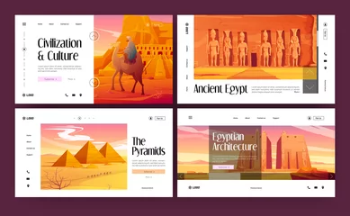 Fotobehang Ancient Egypt architecture, culture and history banners with pyramids and temples in sand desert. Vector set of landing pages with cartoon Egyptian landmarks and buildings © klyaksun