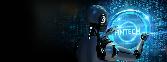 Fintech -financial technology concept. Robot pressing button on virtual screen. 3d render