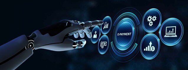 E-payment. Digital money online banking financial technology concept. Robot pressing button on virtual screen. 3d render