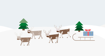 reindeer with sled flat vector illustration