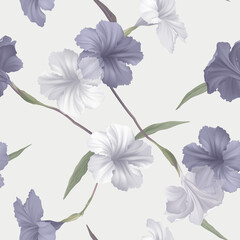 Floral seamless pattern, ruellia tuberosa flowers and leaves on grey